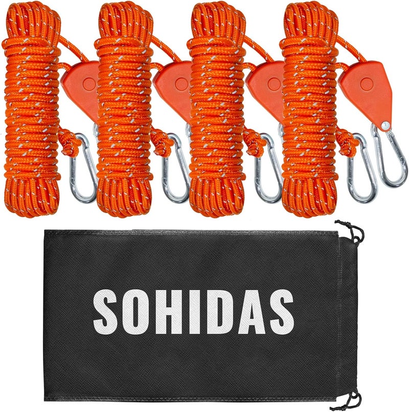 SOHIDAS Camping Rope Reflective Tent Rope Guyline with Ratchet Pulley, Tarp Tie Down Ropes for Tent Tarp, Canopy Shelter, Camping, 13ft Adjustable Guy Line for Canopy Tent 4 Pack Guy Lines Tents Cords - Image 1